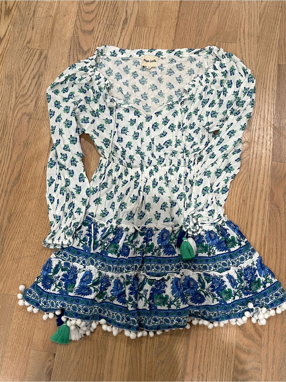 Women's White and Blue Floral Swim Coverup Tunic with Tassel Trim